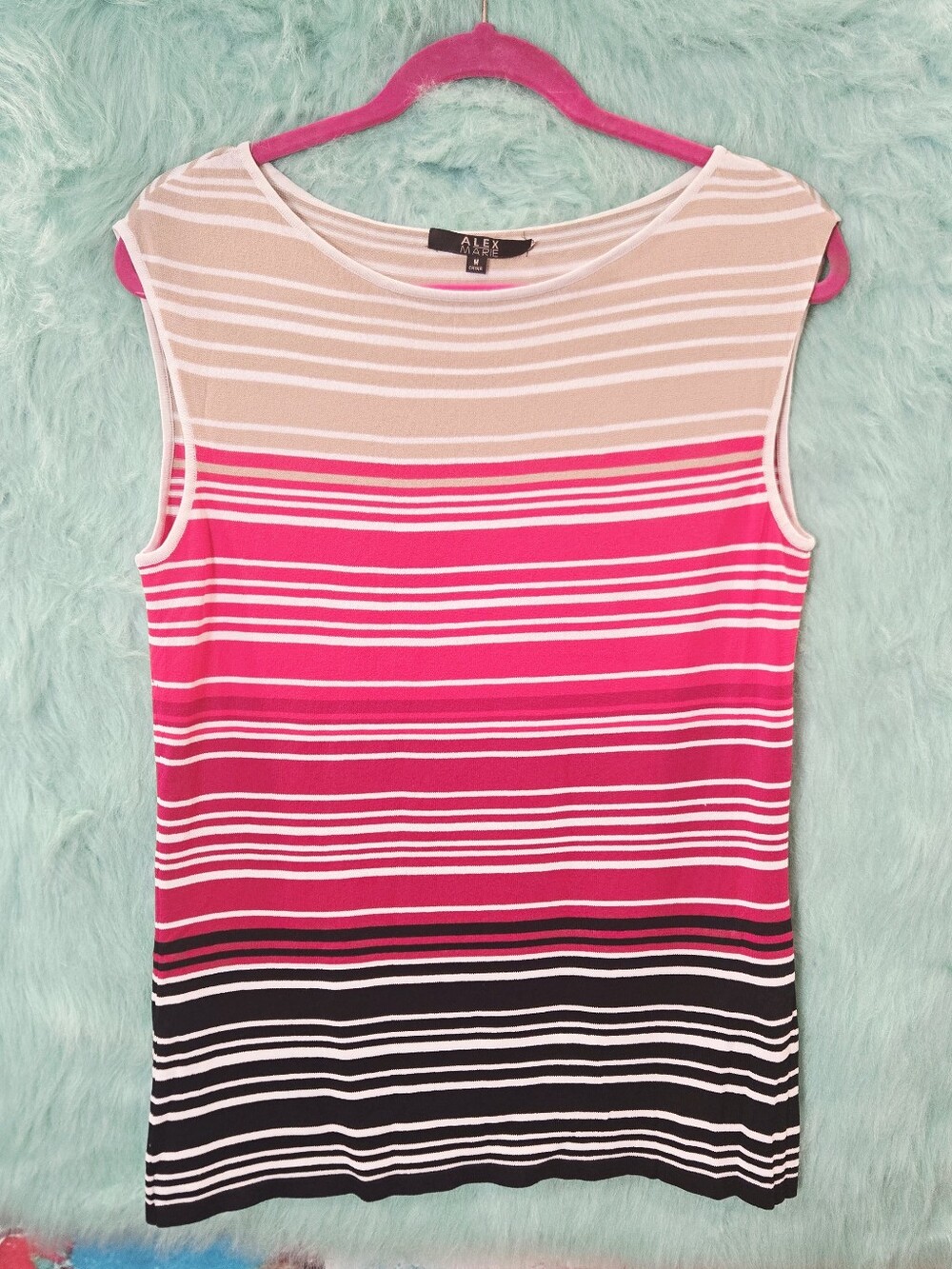 Alex Marie Red Black Tan White Pink Sleeveless Striped Top Size M